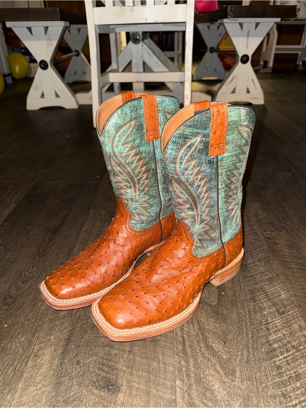 Men's Brown Ostrich Leather Western Boots with Teal Shaft